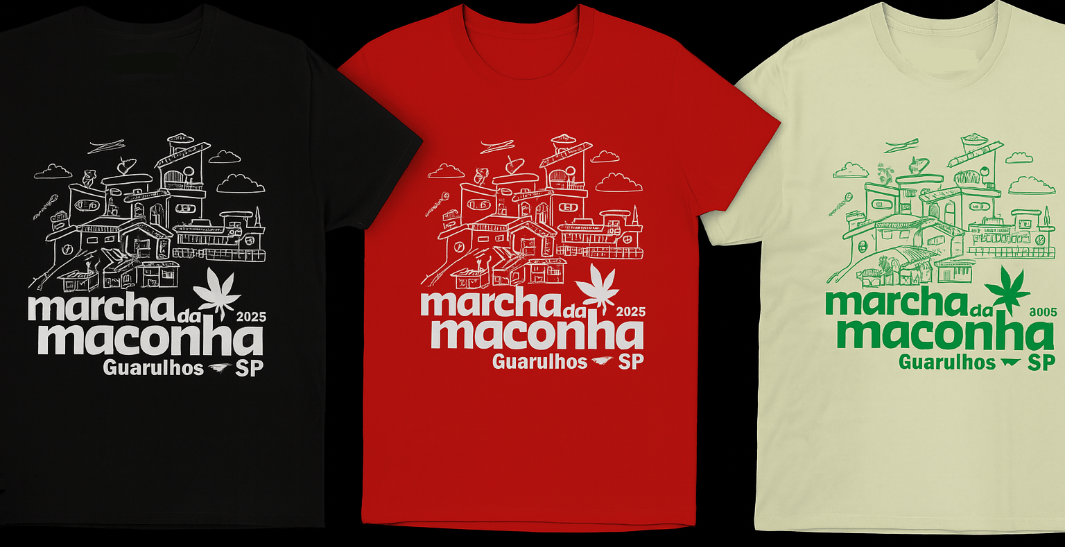 Três camisetas da Marcha da Maconha Guarulhos - vermelha, preta e bege com diferentes designs